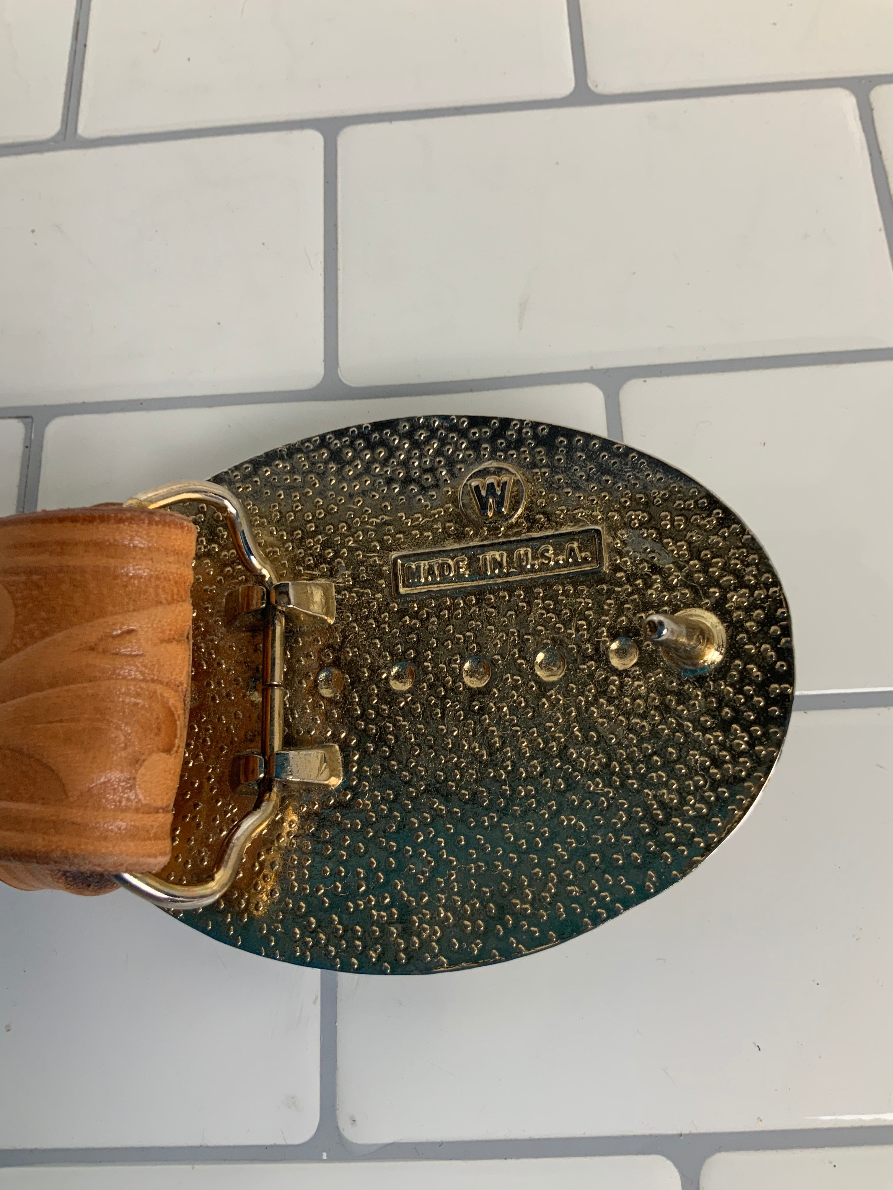 Tooled Leather Belt and Hourse Buckle Gold and Silver (6930387992759)
